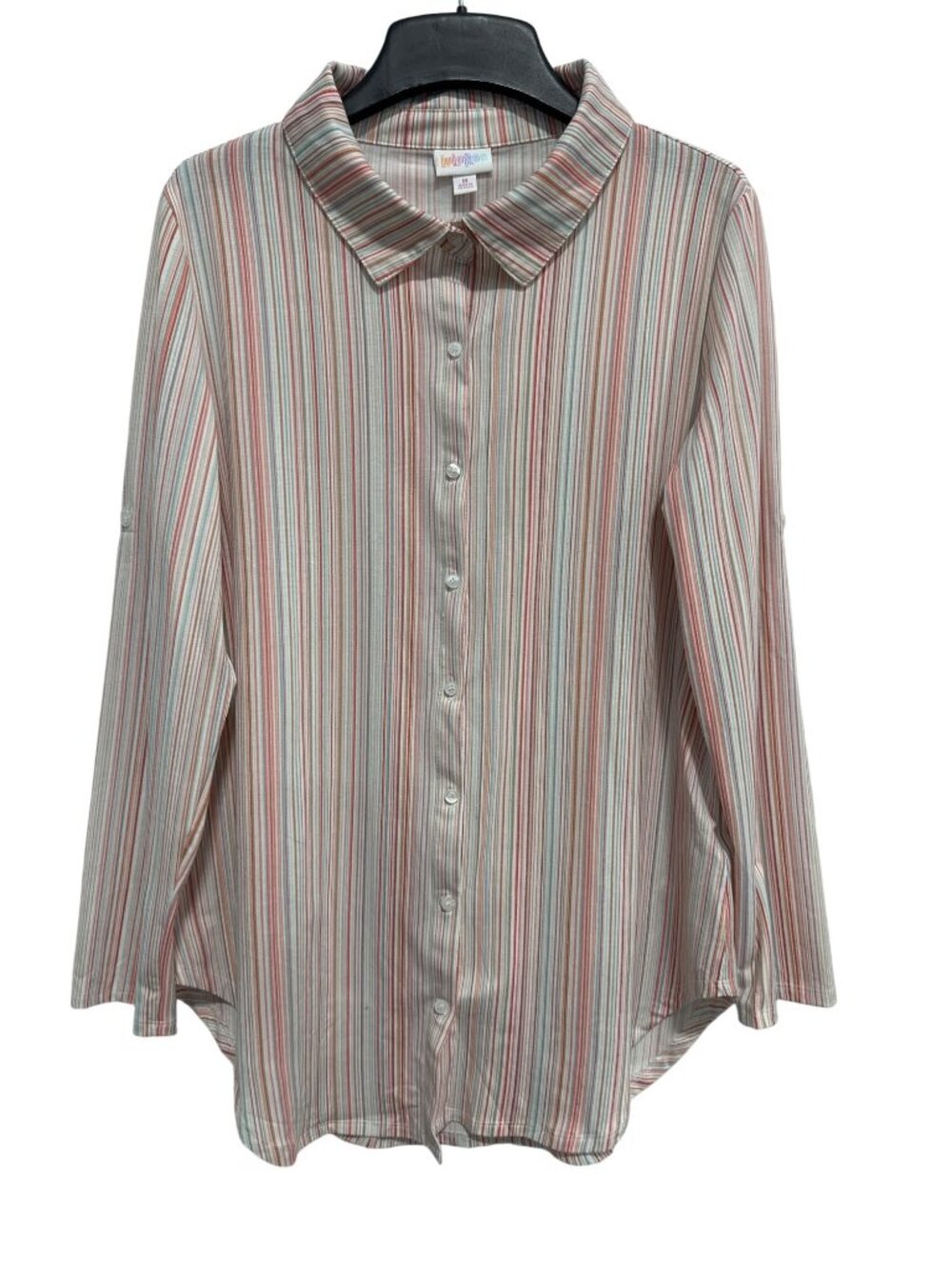 LuLaRoe Shirt Medium Striped Button Front Roll Tab Sleeve Multicolor Career Wear